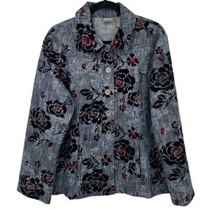 Chico's Blue Chambray Denim Floral Burnout Velvet Boho Button Up Jacket Sz 3 XL